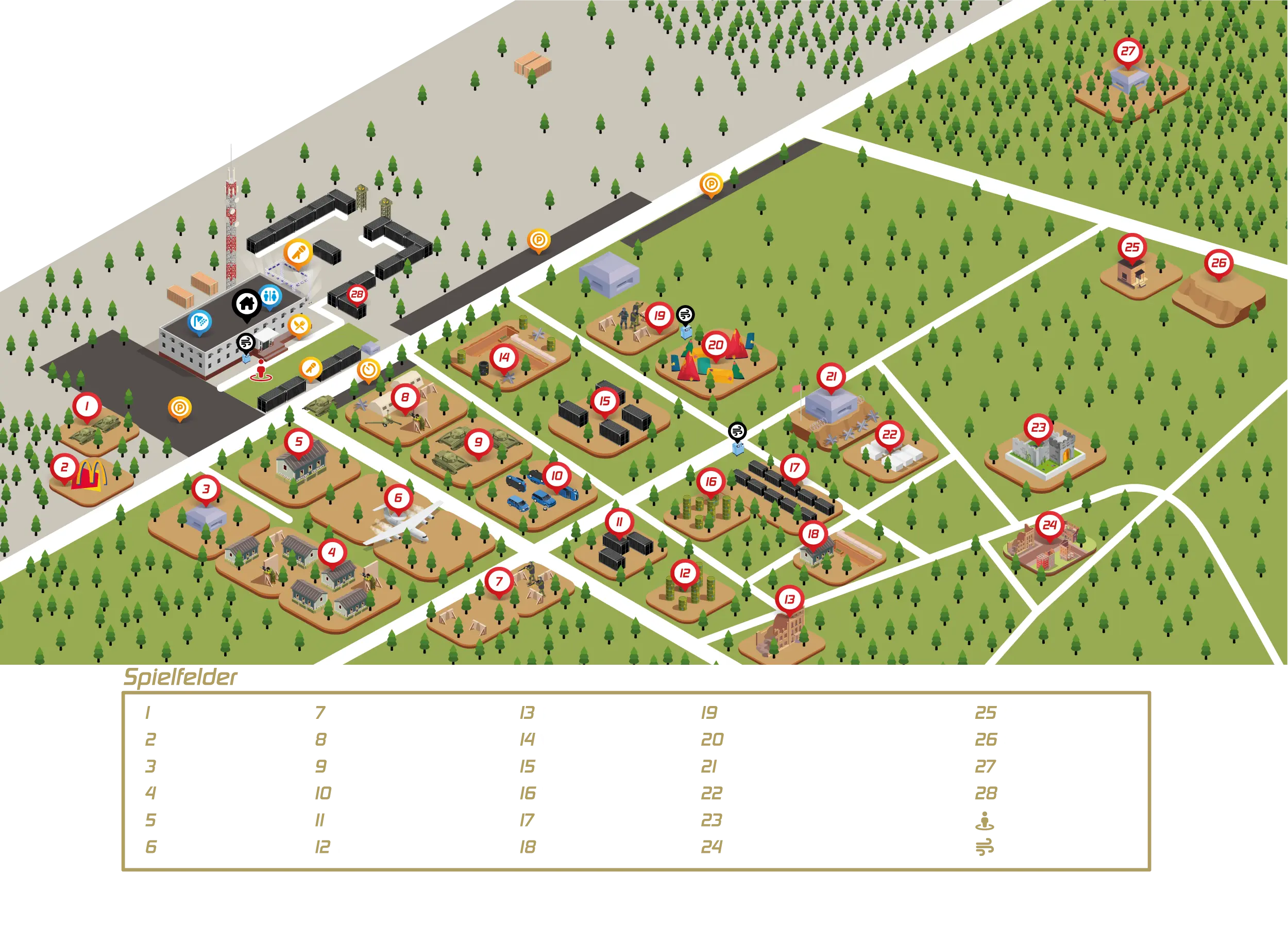 illustration der battleground-anlage mit 25 thematischen spielfeldern für paintball, airsoft und lasertag, strategisch verteilt auf europas führende aktions- und sportanlage.